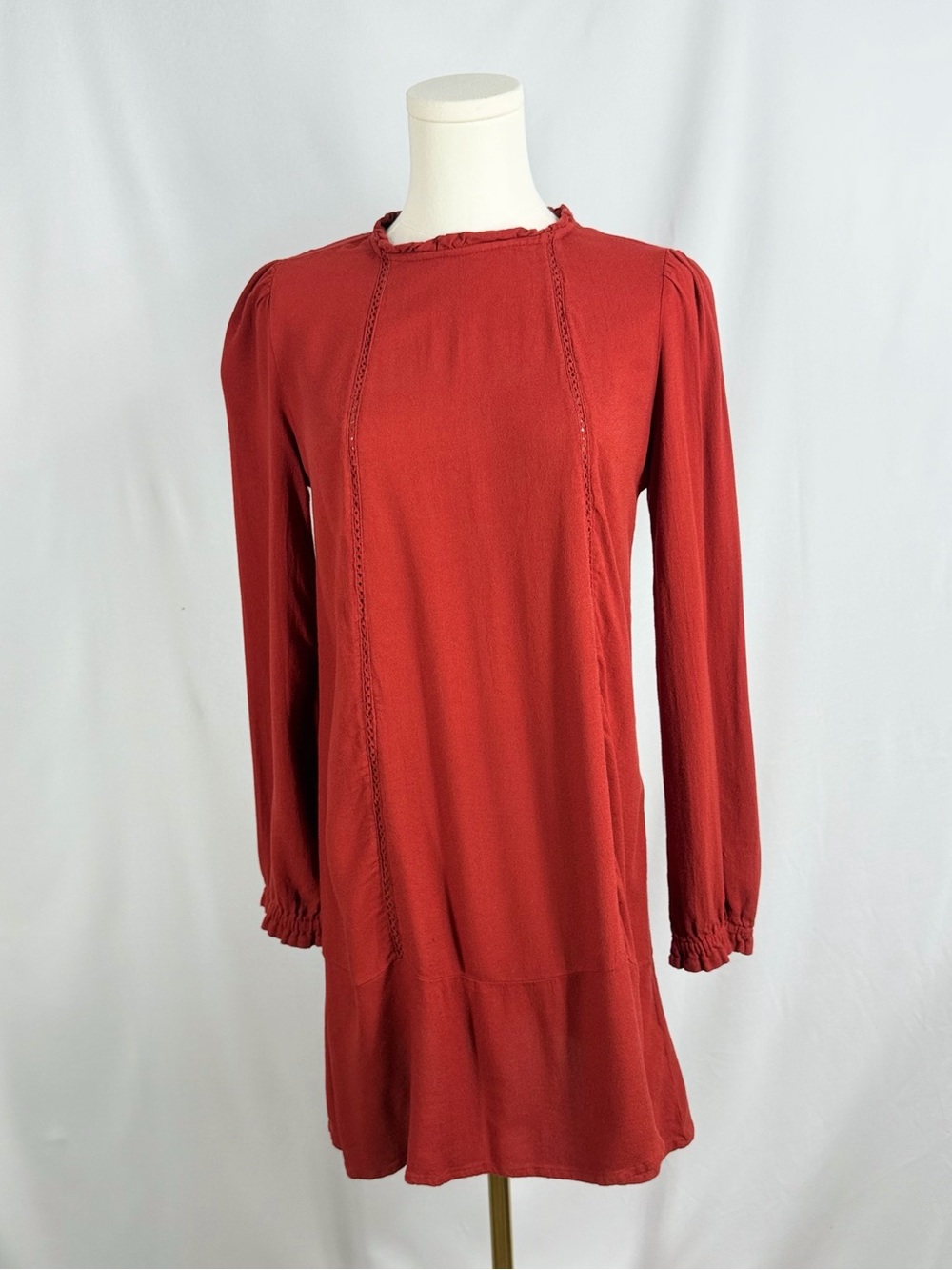 ZARA Trafaluc Red Long Sleeve Mini Dress Rust Boho Shift Tassel Open Back Small